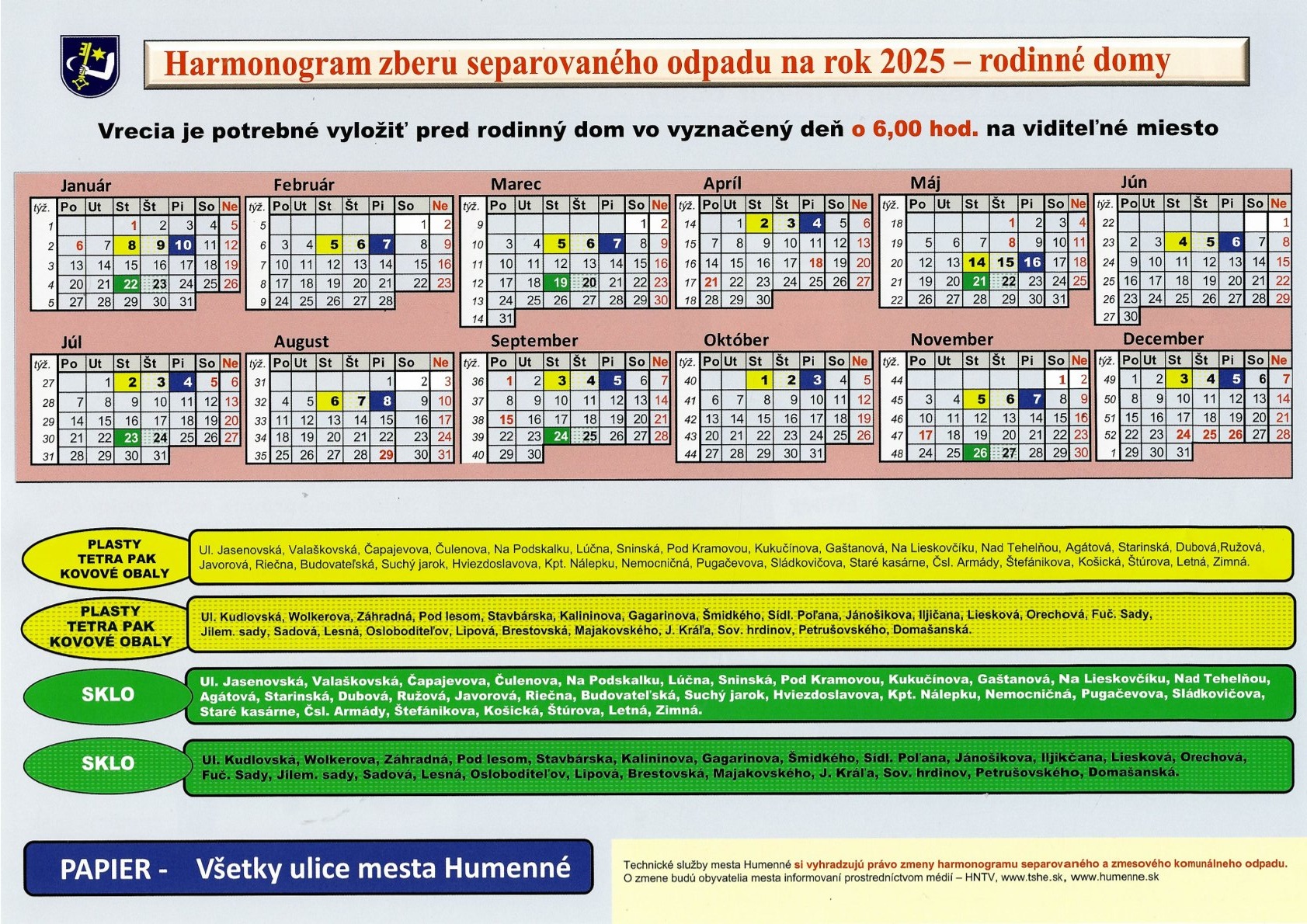 Harmonogram zberu separovaného odpadu na rok 2025 rodinné domy tabuľka